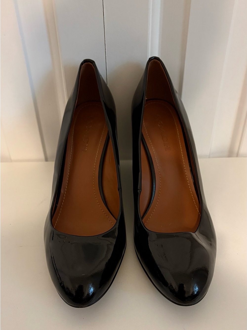 COACH Black Patent Leather Round Toe Wedges, Size 11